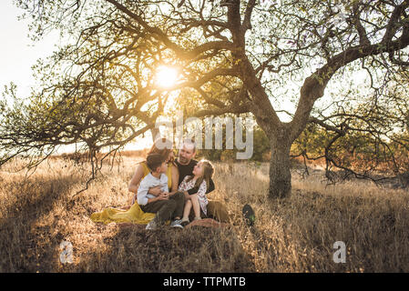 Les jeunes à la famille à l'autre en vertu de l'arbre dans le champ de la Californie Banque D'Images