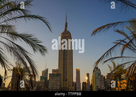 Low angle view of Empire State Building contre ciel clair pendant le coucher du soleil Banque D'Images