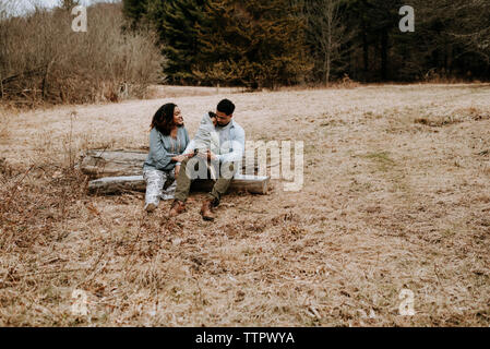 Couple talking while sitting avec fils sur log in forest Banque D'Images