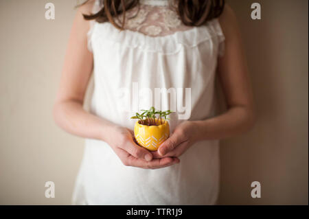 Portrait of Girl holding potted plant debout contre le mur à la maison Banque D'Images