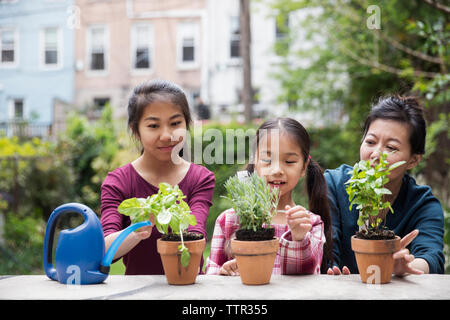 La mère et les filles avec des plantes en pot dans le jardin Banque D'Images