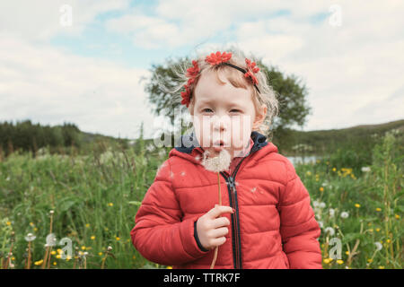 Portrait of Girl blowing dandelion en se tenant sur le terrain Banque D'Images