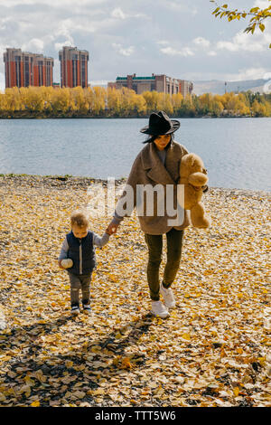 Mère tenant les mains de fils en marchant sur les feuilles d'automne par le lac contre le ciel au cours de journée ensoleillée Banque D'Images