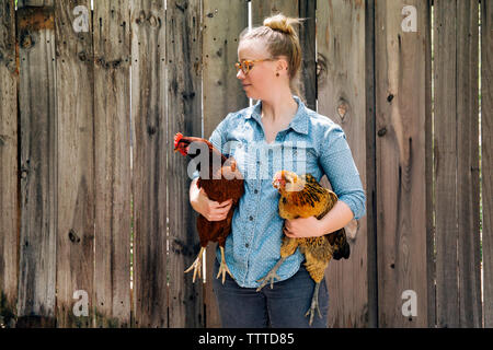 Femme transportant des poulets contre la clôture en bois Banque D'Images