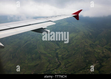 Portrait de l'avion survolant un paysage verdoyant Banque D'Images