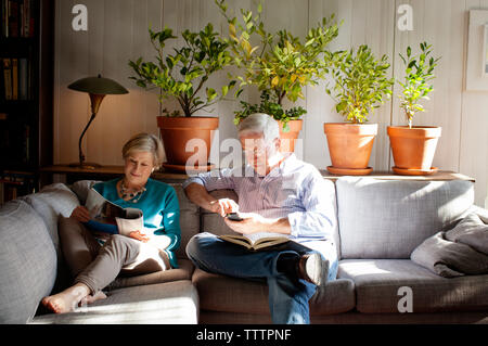 Senior couple sitting on sofa at home Banque D'Images