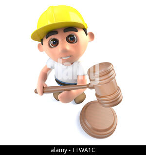 3D render of a funny cartoon character builder construction worker holding d'une vente aux enchères Banque D'Images