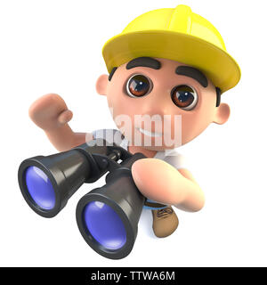 3D render of a funny cartoon builder construction worker caractère avec une paire de jumelles Banque D'Images