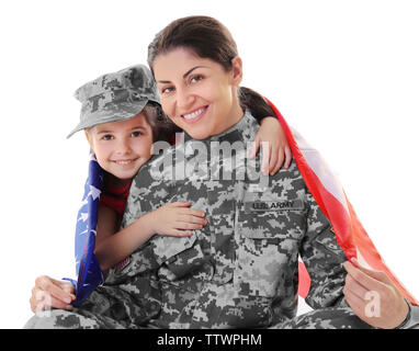 Mère en uniforme avec fille isolée sur fond blanc Banque D'Images