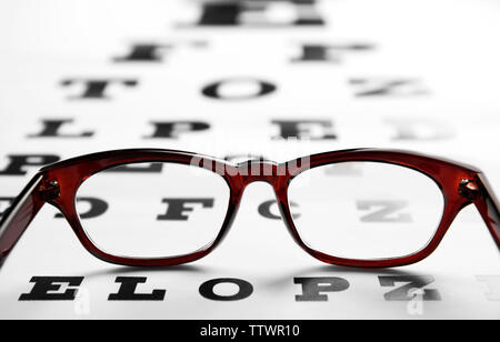 Verres allongés sur l'essai d'oeil graphique, vue en gros plan. Concept les yeux sains Banque D'Images