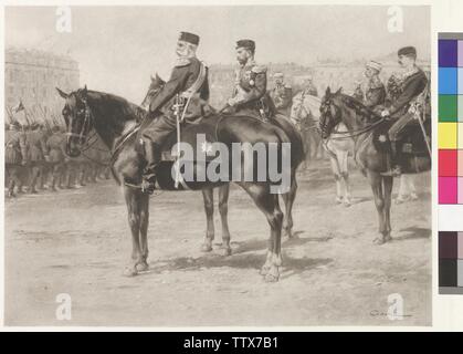 L'empereur François-Joseph I et le tsar Nicolas II à la parade sur le Champ-de-Mars, à Saint-Pétersbourg, de la visite l'empereur François-Joseph en Russie, défilé à Saint-Pétersbourg sur le Champ-de-Mars sur 28.4.1897. L'empereur François-Joseph et le tsar Nikolaus en tenant sur la parade de chevaux. L'empereur François-Joseph en uniforme russe derrière chamberlain baron Ernst von Meindorf (Delahaye) et l'Archiduc Otto. dans l'arrière-plan le Grand Prince Vladimir de Russie, la Russie impériale prince général Odolensky (figure code disponible), photogravure basé sur la peinture par Wil Additional-Rights Clearance-Info,--Not-Available Banque D'Images