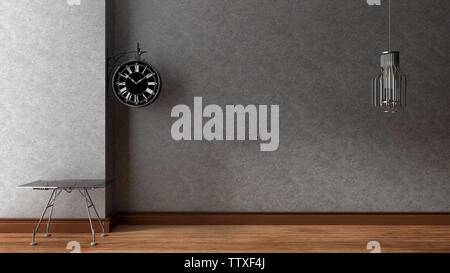 Salle vide avec ventilateur sur plancher en bois. Le rendu 3D Banque D'Images