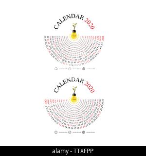 2020 Modèle de calendrier avec l'icône ampoule idée.demi-cercle.Calendrier 2020 Calendrier Série de 12 mois.Calendrier de l'année modèle de conception de scénario. Illustration de Vecteur