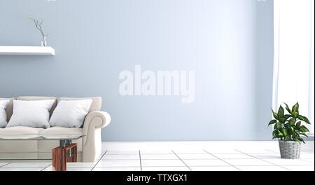 L'intérieur a un canapé gris et lampe sur mur blanc vide arrière-plan. Le rendu 3D Banque D'Images