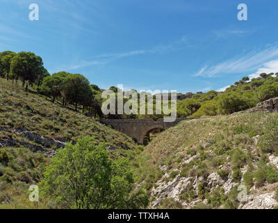 Un vieux pont du chemin de la pierre à cheval sur une petite vallée encaissée dans la pente de la région andalouse de l'Espagne à proximité de Antequera. L'Espagne. Banque D'Images