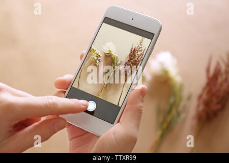 Les mains des femmes prenant des plantes photo with smartphone Banque D'Images