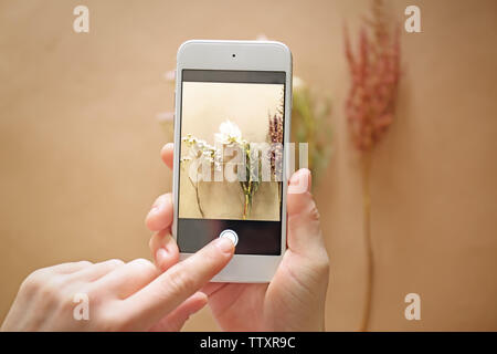 Les mains des femmes prenant des plantes photo with smartphone Banque D'Images