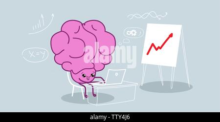 Cute cerveau humain à l'aide de l'analyse de l'ordinateur portable sur un tableau graphique financière concept de réflexion personnage rose horizontale style kawaii Illustration de Vecteur