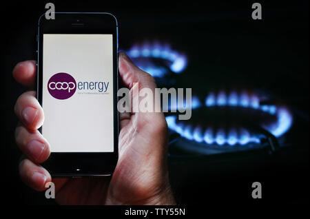 Un homme à la recherche sur le site web logo pour société de l'énergie Énergie Coop sur son téléphone devant sa cuisinière à gaz (usage éditorial uniquement) Banque D'Images