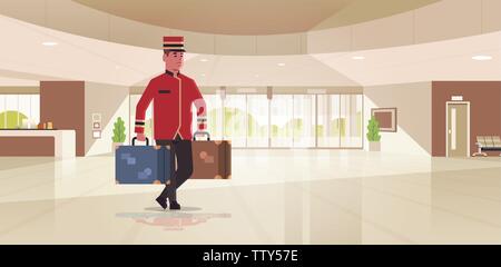 Bell boy carrying valises hotel services bellman concept holding assurance travailleur homme en uniforme, une réception moderne hall toute la longueur de l'intérieur Illustration de Vecteur