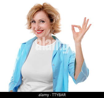 Portrait of middle-aged woman on white background Banque D'Images