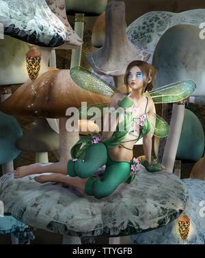 Petite fée avec ailes vert assis sur un champignon Banque D'Images