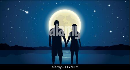 Nuit romantique couple dans l'amour à la mer avec la pleine lune et étoiles filantes illustration vecteur EPS10 Illustration de Vecteur