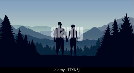 Jeune couple dans la forêt sont à la recherche dans la distance sur un paysage de montagne vector illustration EPS10 Illustration de Vecteur