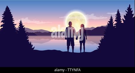 Jeune couple ressemble à la pleine lune au magnifique lac illustration vecteur EPS10 Illustration de Vecteur