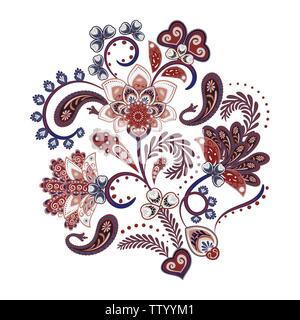La broderie. Bouquet avec de belles fleurs, feuilles et Paisley. Composition florale aux couleurs vives sur fond blanc. Illustration de Vecteur