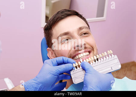 Contrôle et sélection de dentiste de couleur des dents du jeune homme Banque D'Images