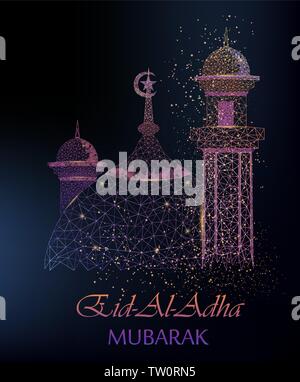L'Eid al Adha Moubarak carte de vœux mosquée polygonales. Maison de vacances musulmanes traditionnelles. Vector illustration sur fond sombre Illustration de Vecteur