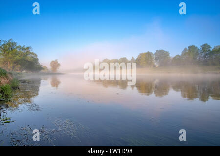 Vue de la rivière colorés dans la brume ramper sur l'eau. Frais du matin l'aube. De l'herbe avec gouttes de la rosée et la brume au-dessus de l'eau comme le coton w Banque D'Images