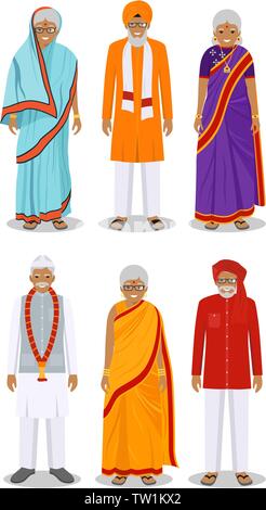 Ensemble de différents standing vieux indiens dans les vêtements traditionnels isolé sur fond blanc dans le style. Différences des cadres hommes et femmes Illustration de Vecteur