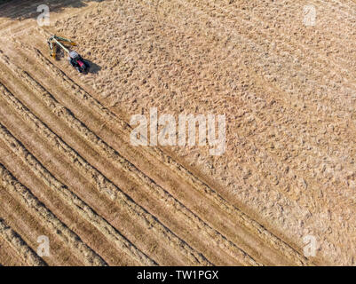 La nature et le paysage, vue aérienne de champs avec un tracteur avec presse à balles rondes et le tracteur avec un râteau, machines pour la collecte et en appuyant sur le foin. Banque D'Images