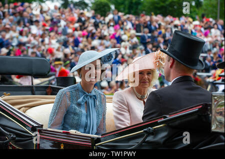 Ascot, Berkshire, Royaume-Uni. 18 Juin, 2019. La duchesse de Cambridge et la duchesse de Cornouailles arrivent en calèches dans le cortège royal sur la première journée de Royal Ascot, l''hippodrome d''Ascot. Credit : Maureen McLean/Alamy Live News Banque D'Images