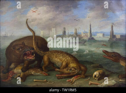 La lutte contre l'hippopotame avec American alligators ou crocodiles décrite dans le détail dans la Havane consacré à peinture 'Americas' de la série de peintures "Quatre Continents" par peintre flamand Jan van Kessel l'Ancien (1666) sur l'affichage à l'Alte Pinakothek à Munich, Bavière, Allemagne. Banque D'Images