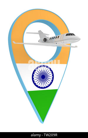 Avion privé avec code pin drapeau navigation l'Inde. Le rendu 3D Banque D'Images