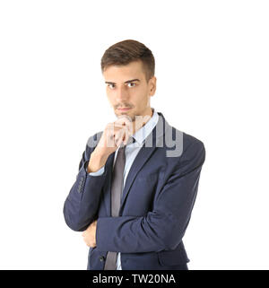 Bel homme en costume élégant sur fond blanc Banque D'Images