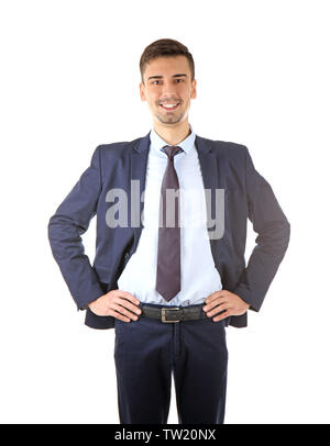 Bel homme en costume élégant sur fond blanc Banque D'Images