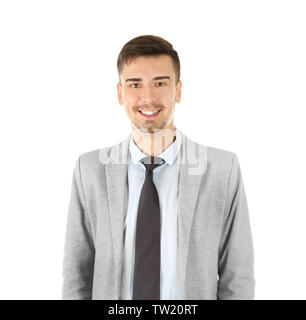 Bel homme en costume élégant sur fond blanc Banque D'Images