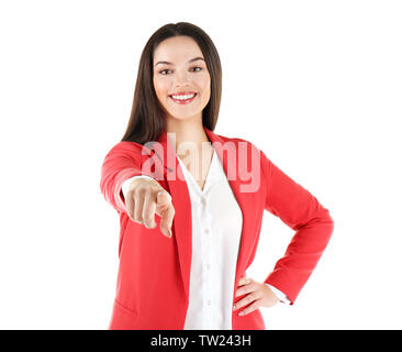 Belle jeune business woman standing on white background Banque D'Images