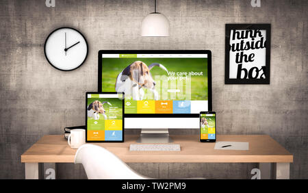 Bureau de travail généré numérique avec tablette numérique, ordinateur, ordinateur portable et divers objets de bureau site pet à l'écran. Tous les écrans graphiques sont m Banque D'Images