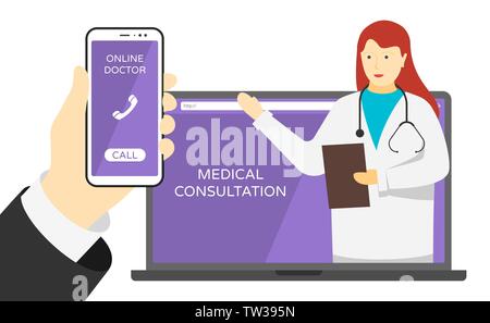 Assistance en ligne pour la consultation de médicaments. Médecin thérapeute femme avec stéthoscope sur écran d'ordinateur portable et main avec smartphone médical application mobile. Vector eps illustration consultation Internet service hospitalier Illustration de Vecteur