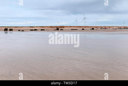 Une éolienne moderne dominent le rivage sablonneux le long de la plage à marée basse en été à Fraisthorpe, Yorkshire, UK. Banque D'Images