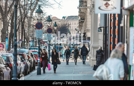 Vienne, AUTRICHE - Mars 18, 2019 : vue sur la ville de la rue animée de touristes et de boutiques Banque D'Images