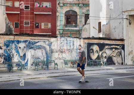 Un skateur professionnel skating passé aperçu de bâtiments avec des graffitis sur les murs dans le Paseo de Marti La Havane Cuba. Banque D'Images