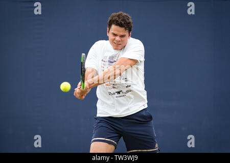 Londres, Royaume-Uni. 18 Juin, 2019. Milos Raonic du Canada pratique au cours de la 2e journée de championnat de tennis Fever-Tree 2019 au Queen's Club, Londres, Angleterre le 18 juin 2019. Photo par Andy Rowland. Credit : premier Media Images/Alamy Live News Banque D'Images