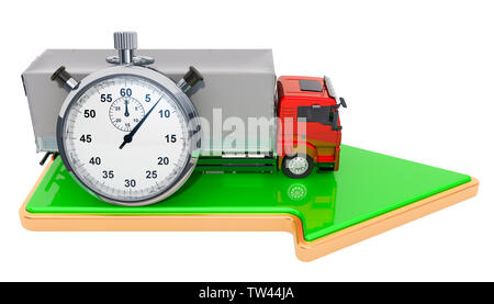 Chariot avec chronomètre et flèche verte. Livraison rapide concept. Le rendu 3D isolé sur fond blanc Banque D'Images