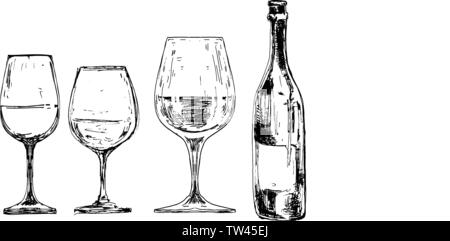 Ensemble de bouteilles de vin et des verres en gravure Illustration de Vecteur